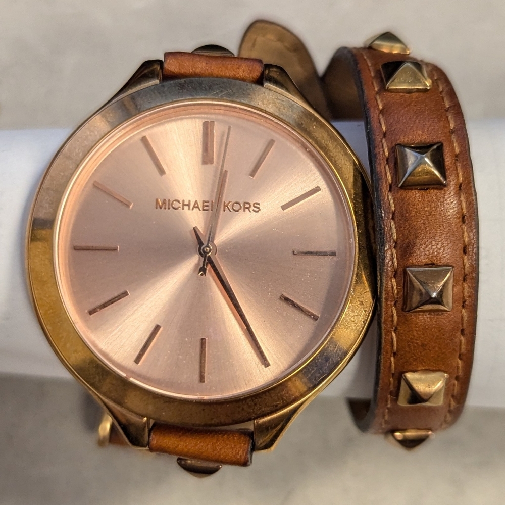 WORKING Rose Gold Michael kors Studded wrap watch Brown leather band